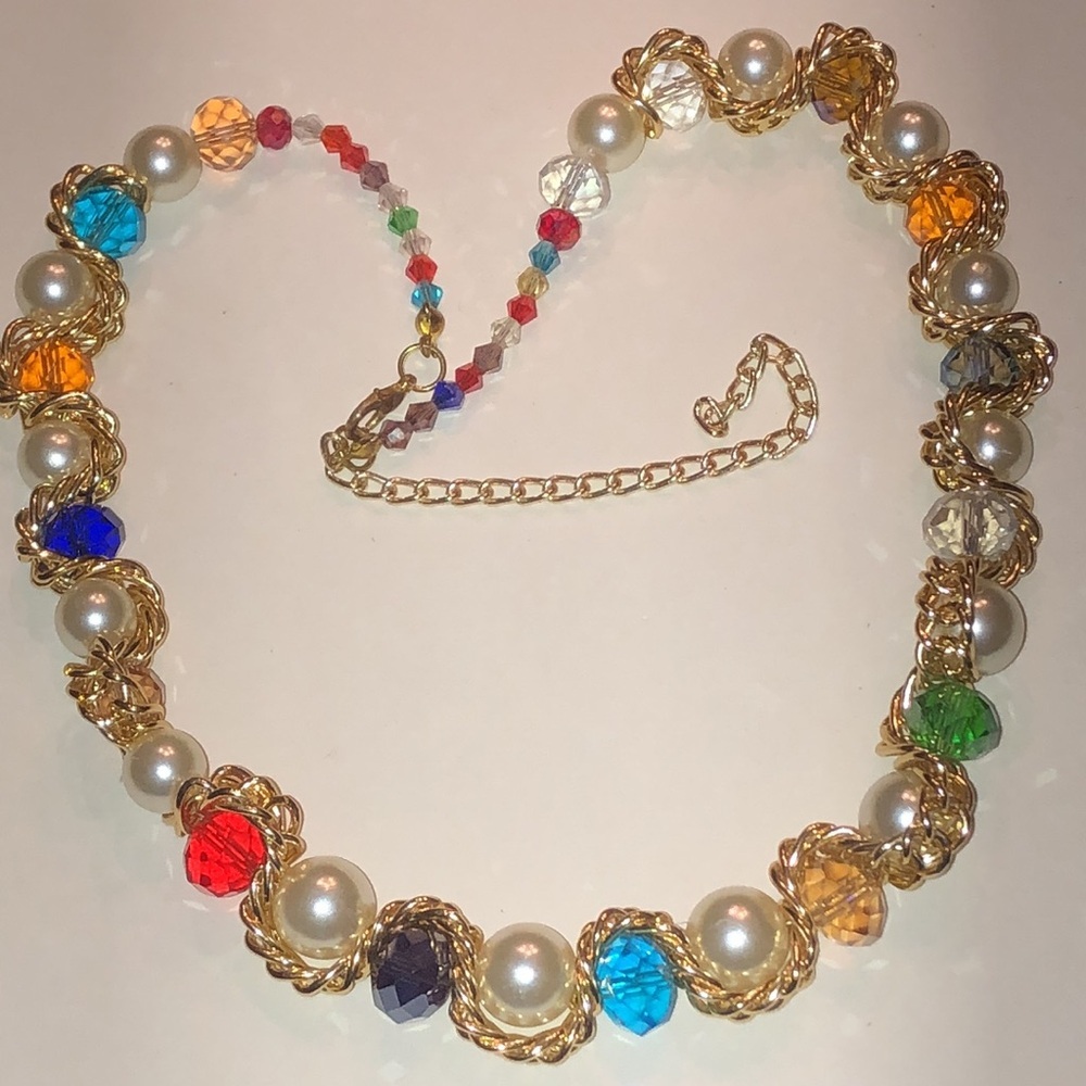 Gold Tone Multicolor Glass Beaded and Faux Pearl Chunky Boho Necklace